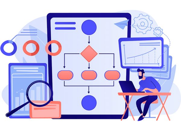 Analyst working at laptop with automation process. Business process automation, business process workflow, automated business system concept. Pink coral blue vector isolated illustration